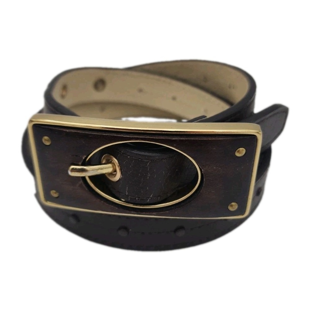 Vintage Chico's Skinny Belt Wood & Brass Rectangle Statement Buckle 35" Length